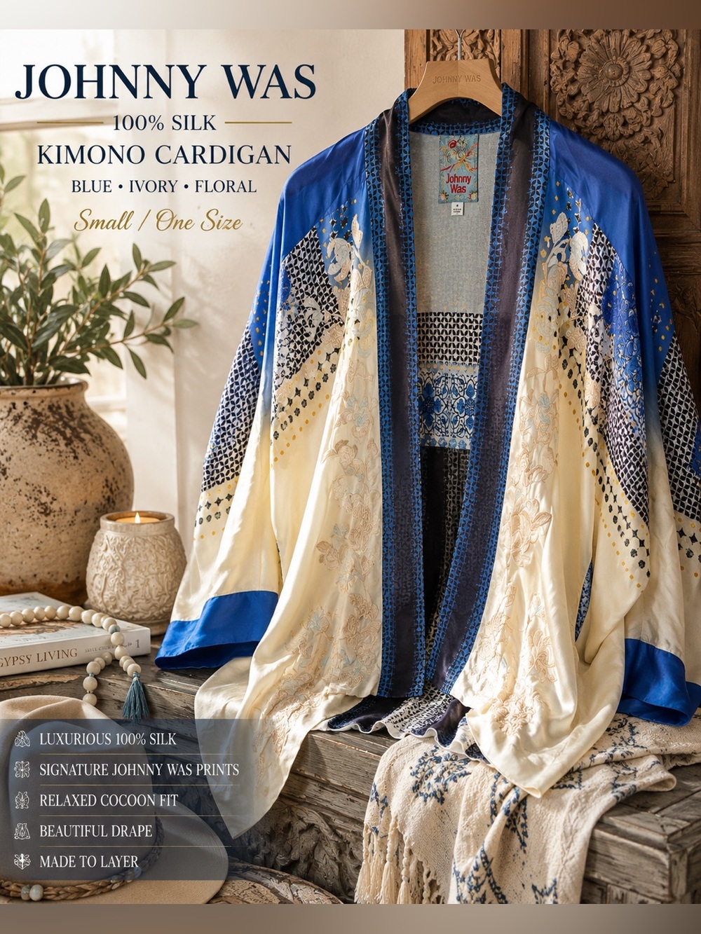 Johnny Was 100% Silk Blue Ivory Embroidered Kimono Cardigan Boho Luxe S